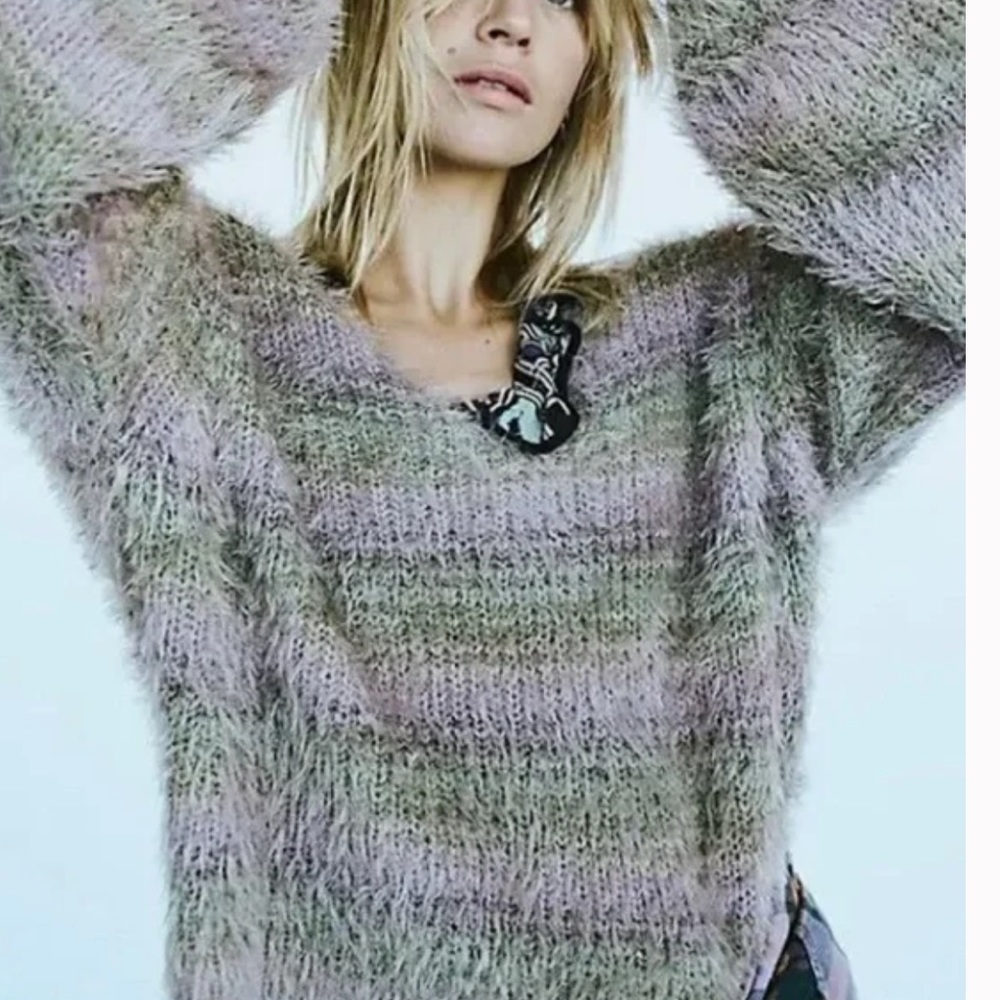 Free People Fuzzy Striped V-Neck Sweater in Lavender and Sage